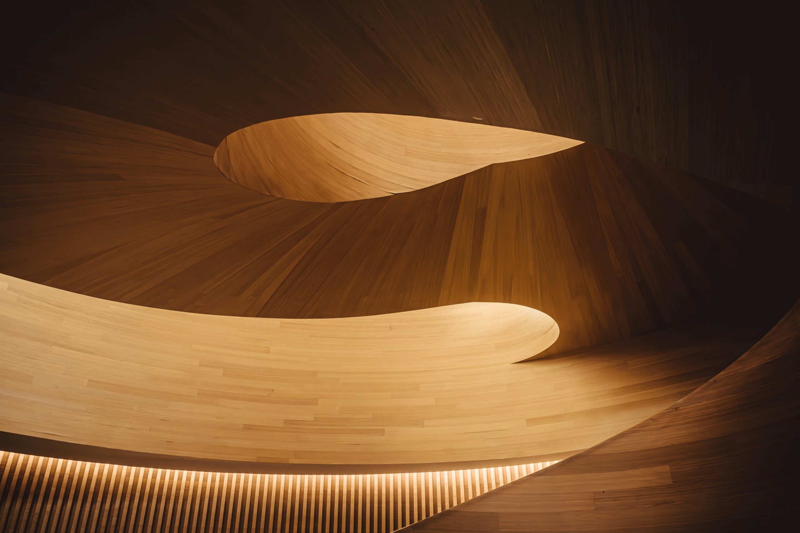 Elegant wooden interior design with smooth curves and ambient lighting.