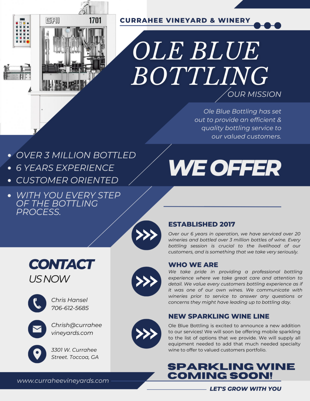 Modern bottling line at Currahee Vineyards for Ole Blue Bottling.