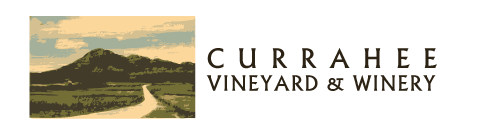 Logo with graphic of Scenic view of Currahee Vineyard & Winery text